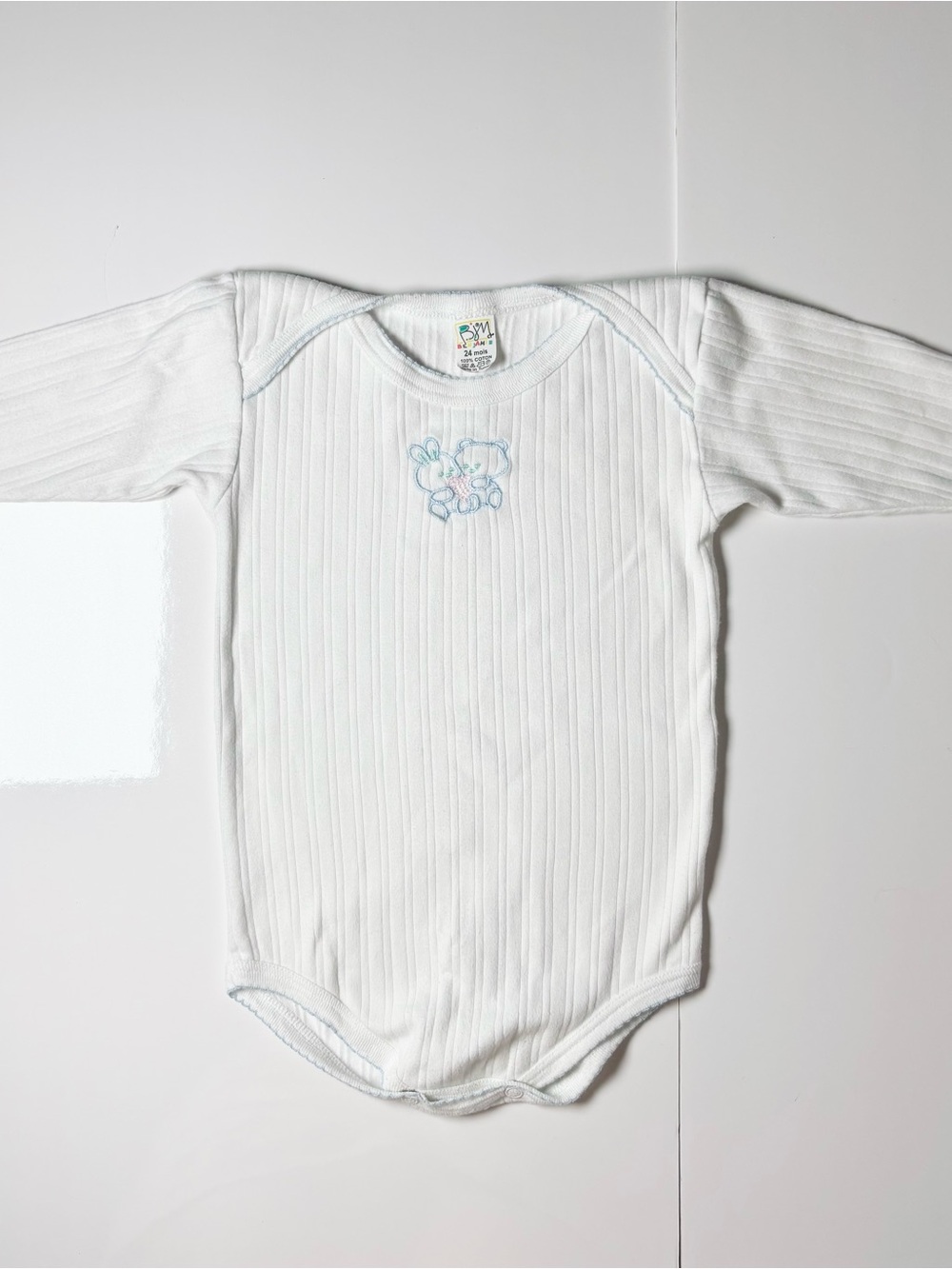 Vintage BJM Benjamin White Ribbed Long Sleeve Onesie Bunny Bear 24M Retro